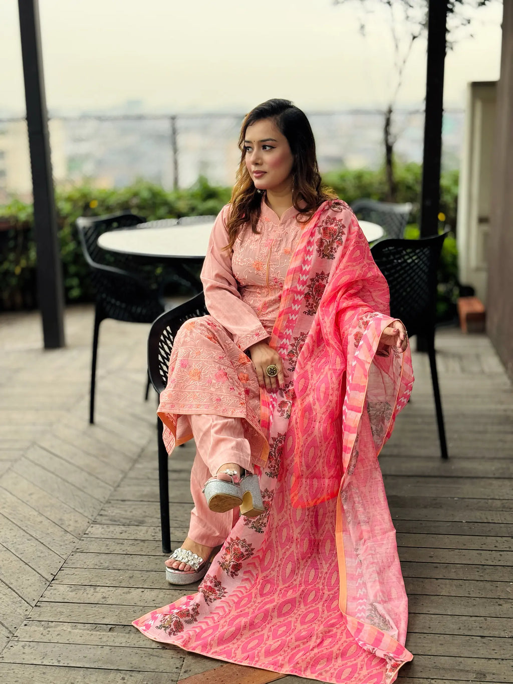 Blush Pink Embroidered Salwar Kameez Set with Printed Dupatta – Elegant Ethnic Wear