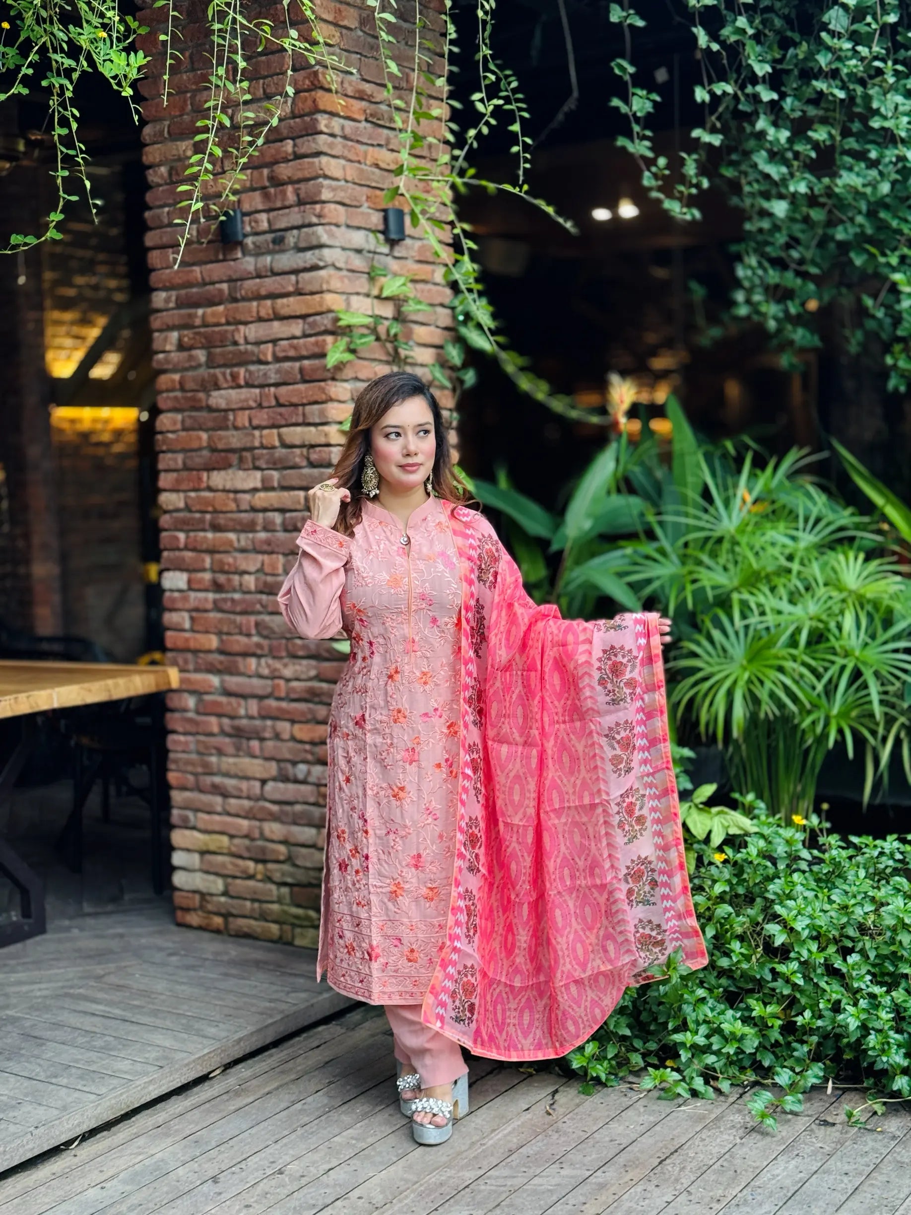 Blush Pink Embroidered Salwar Kameez Set with Printed Dupatta – Elegant Ethnic Wear