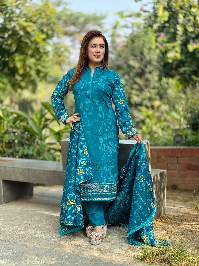 Premium Teal Blue Printed Salwar Kameez with Designer Dupatta