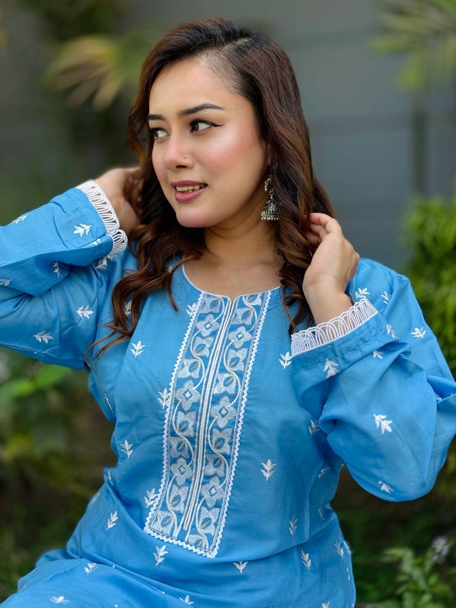 Light Blue Yoke Design & Allover Floral Embroidered - SaimaFashion