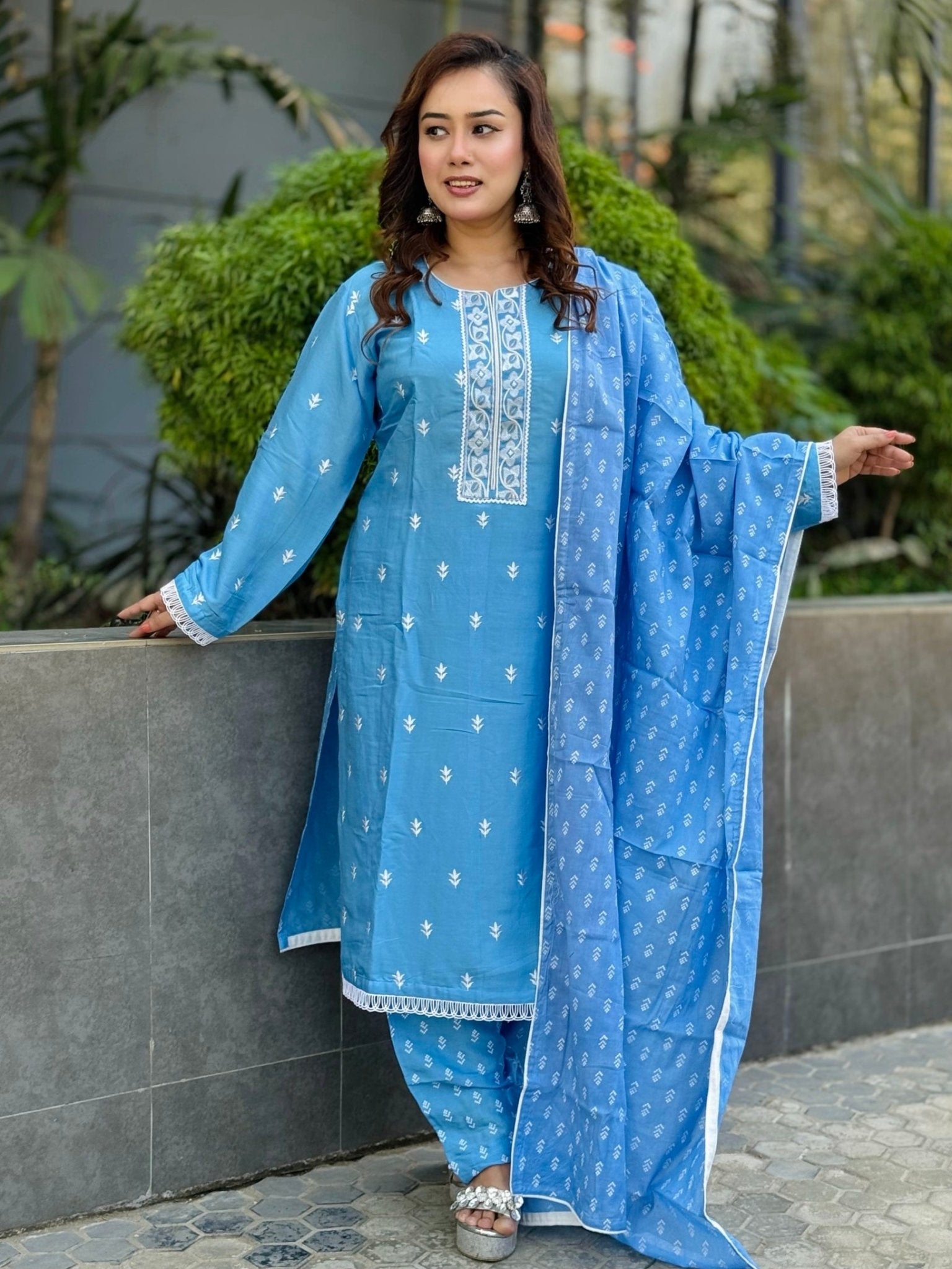 Light Blue Yoke Design & Allover Floral Embroidered - SaimaFashion