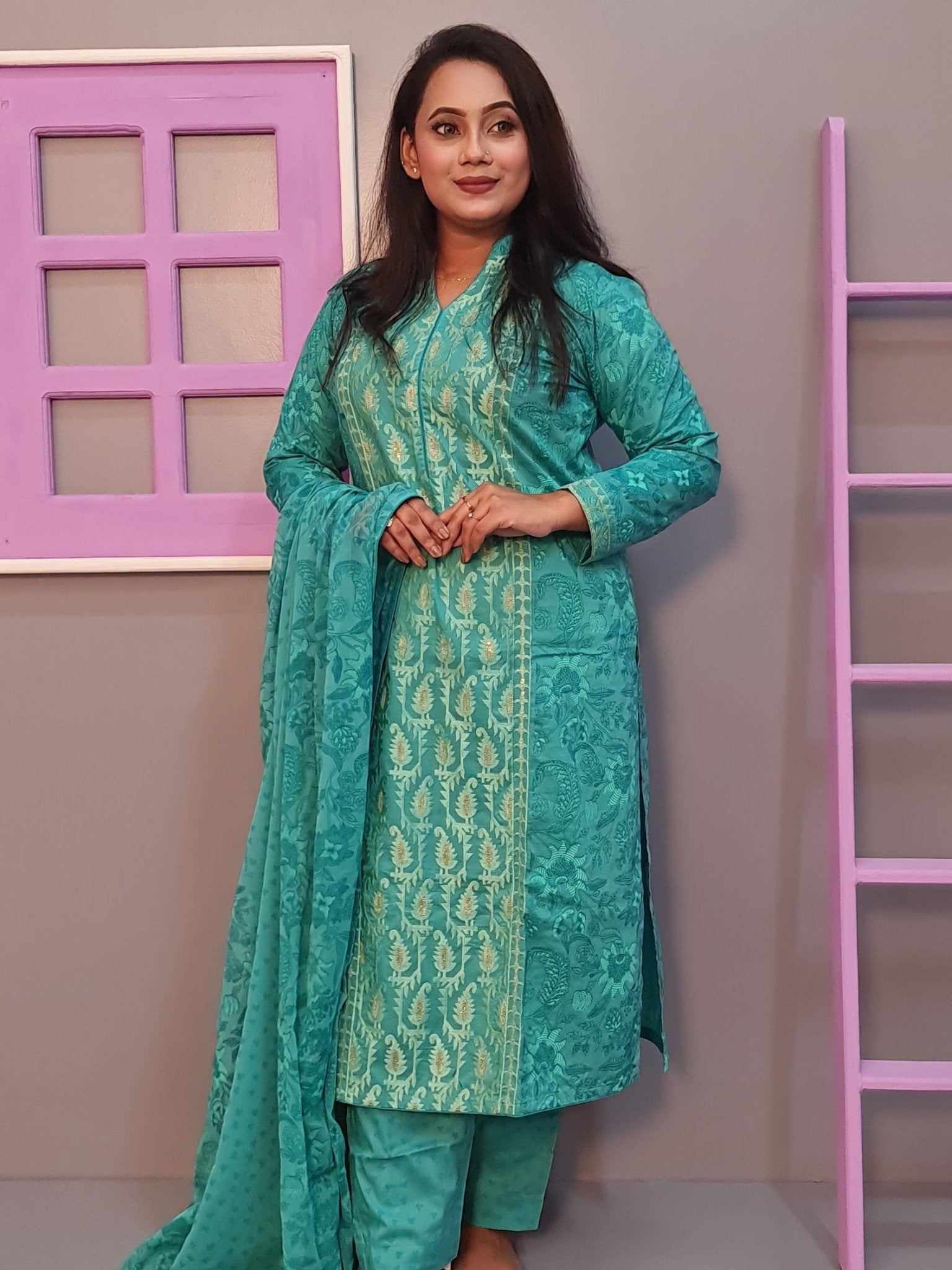 Cotton Jamdani Embroidered Shalwar Kameez Set - SaimaFashion