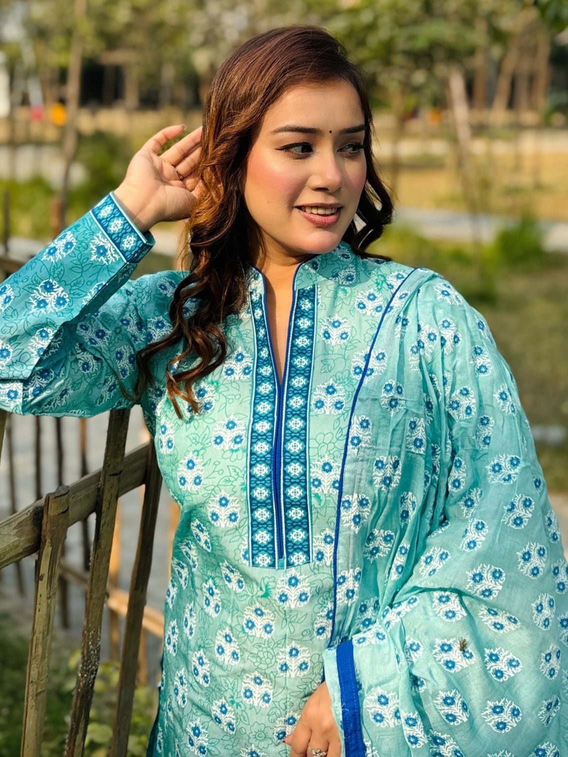Turquoise Blue Cotton Shalwar Kameez Set - SaimaFashion