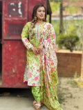 White & Olive colour shade three piece - SaimaFashion