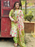 White & Olive colour shade three piece - SaimaFashion
