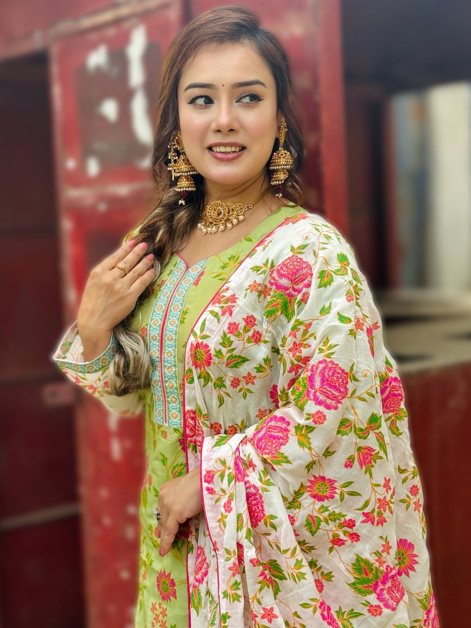 White & Olive colour shade three piece - SaimaFashion