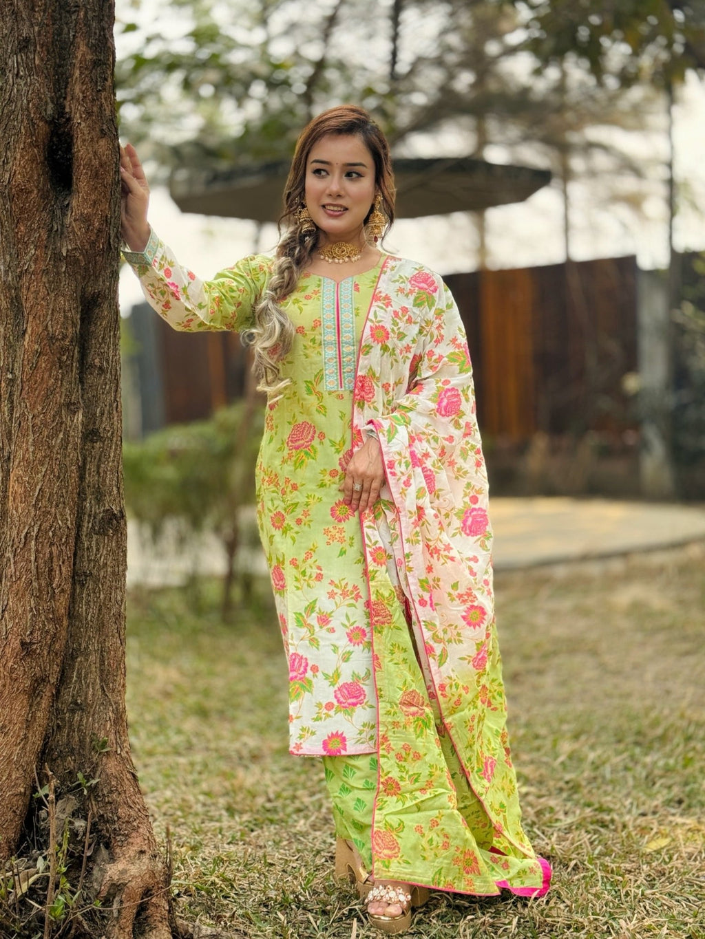 White & Olive colour shade three piece - SaimaFashion