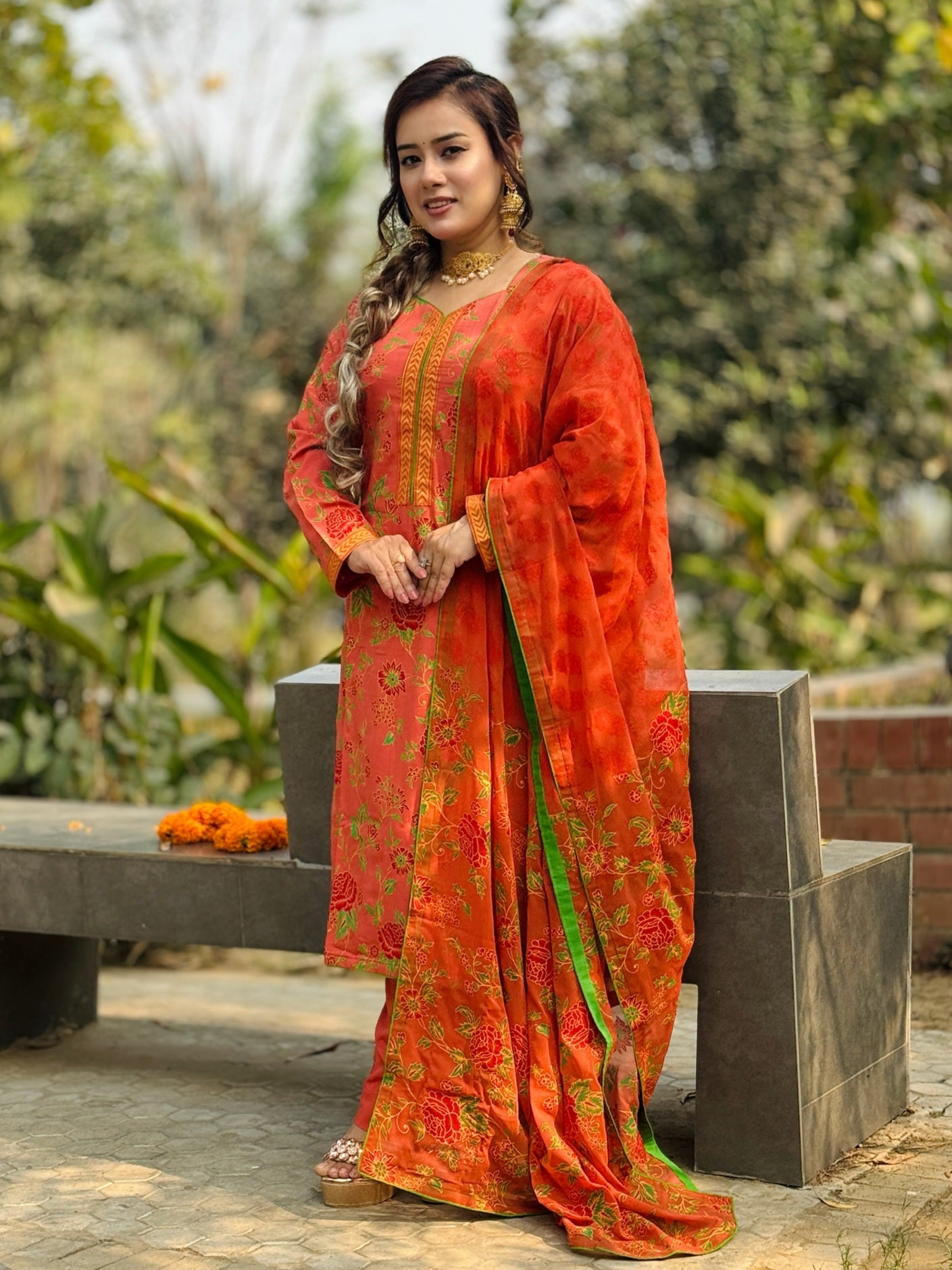 Orange Colour Screen Printed Dress - SaimaFashion