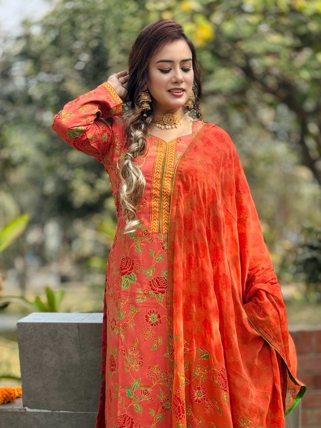 Orange Colour Screen Printed Dress - SaimaFashion