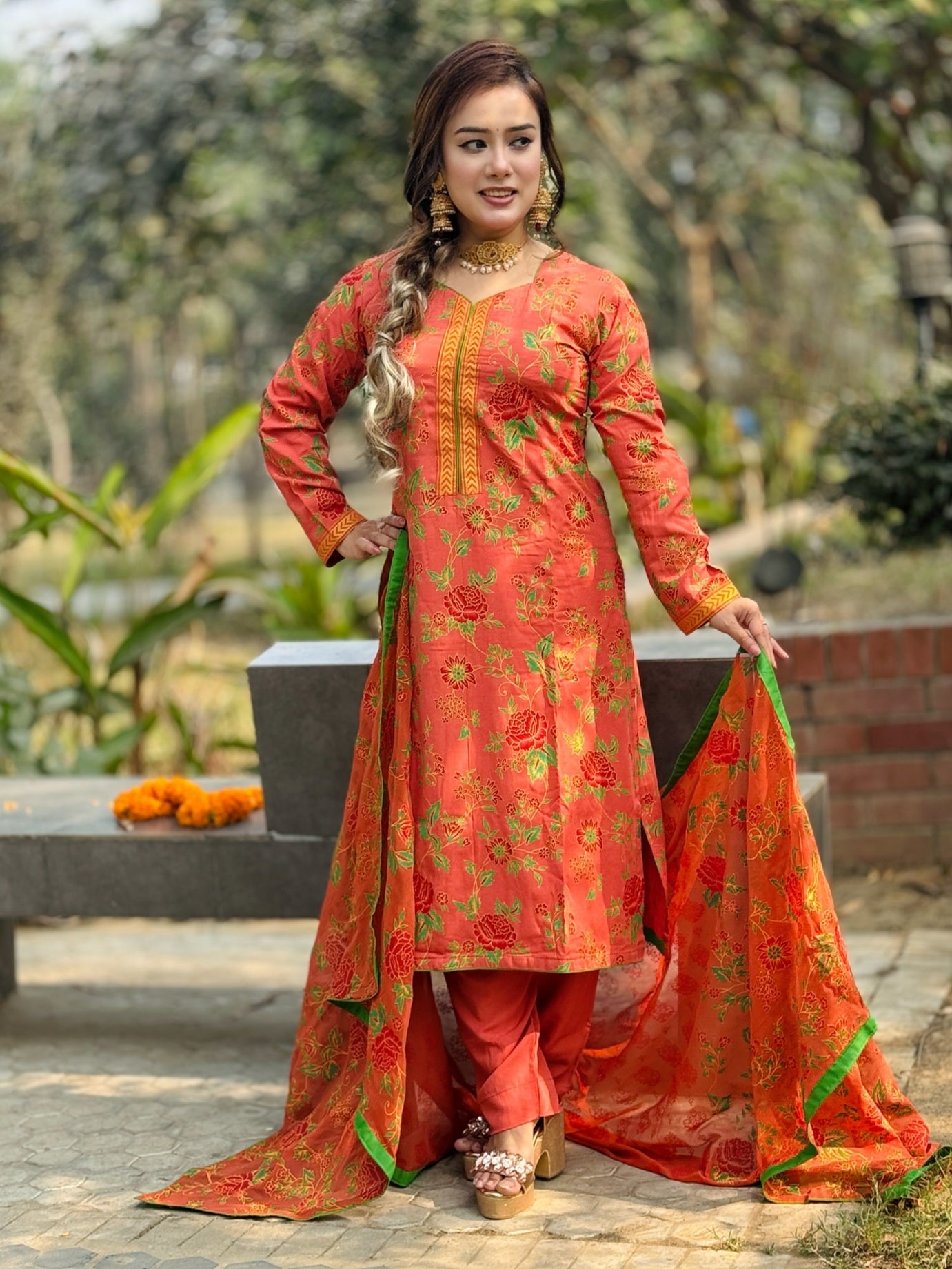 Orange Colour Screen Printed Dress - SaimaFashion