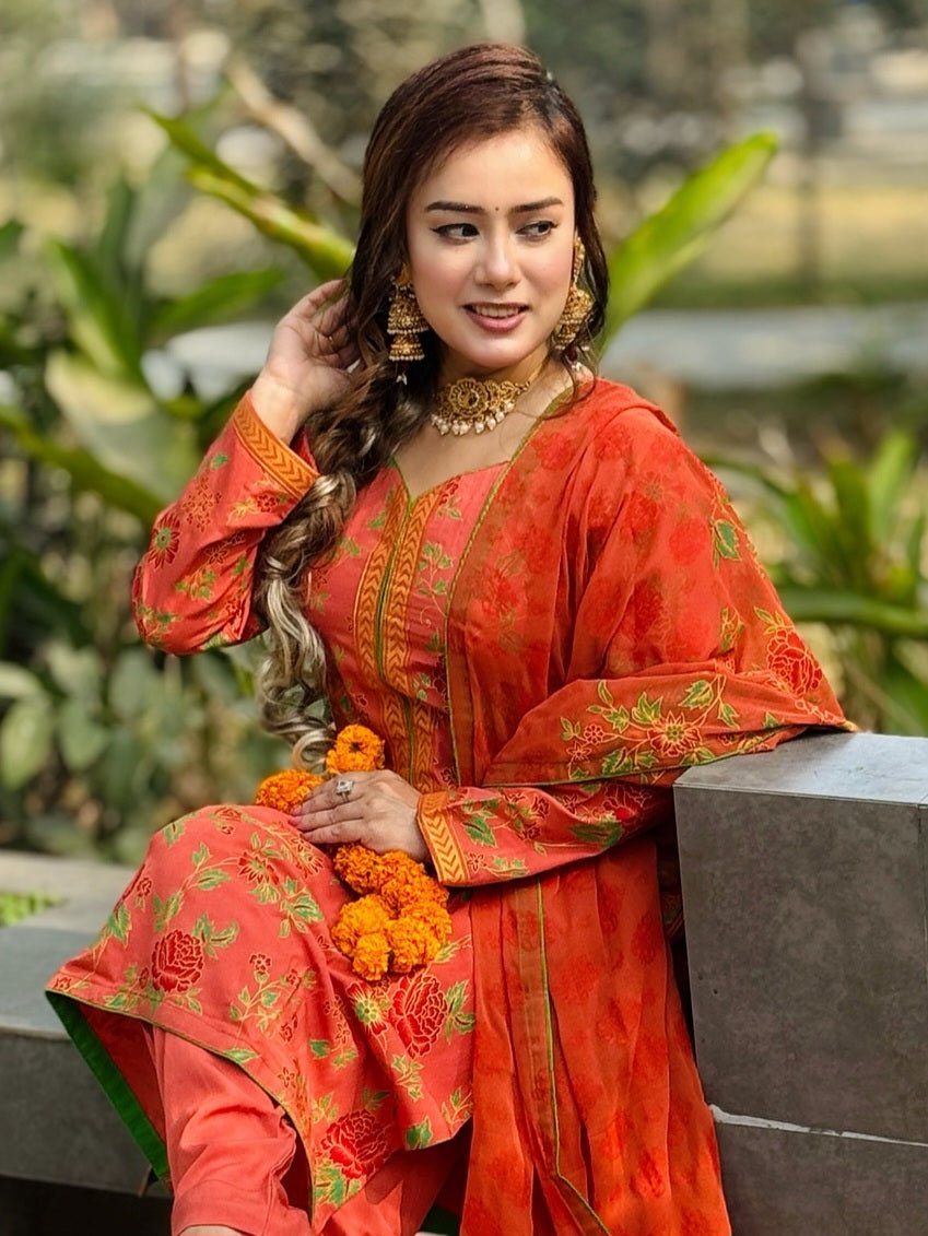 Orange Colour Screen Printed Dress - SaimaFashion