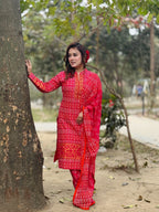 Red Cotton Three Piece - SaimaFashion