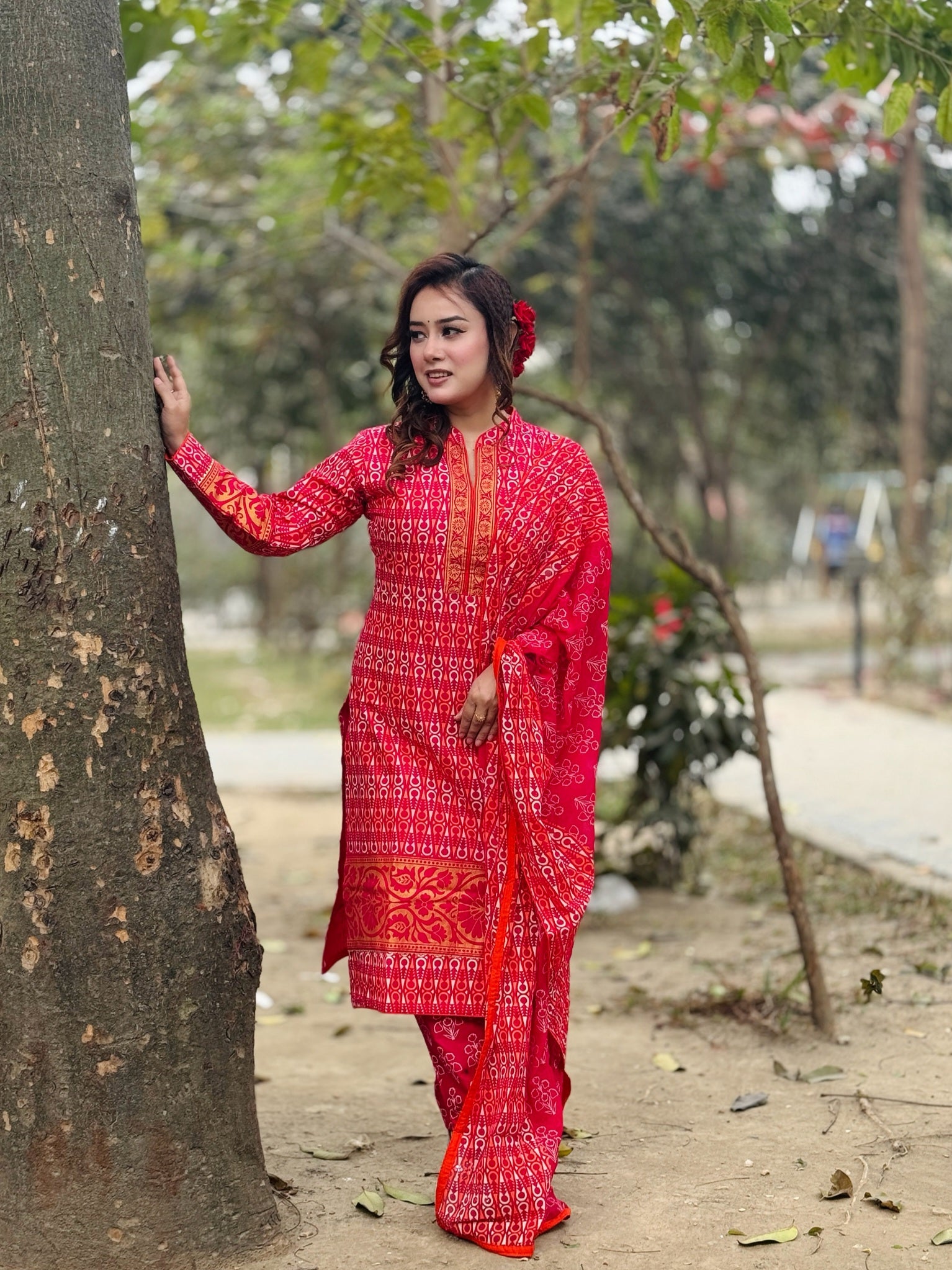 Red Cotton Three Piece - SaimaFashion