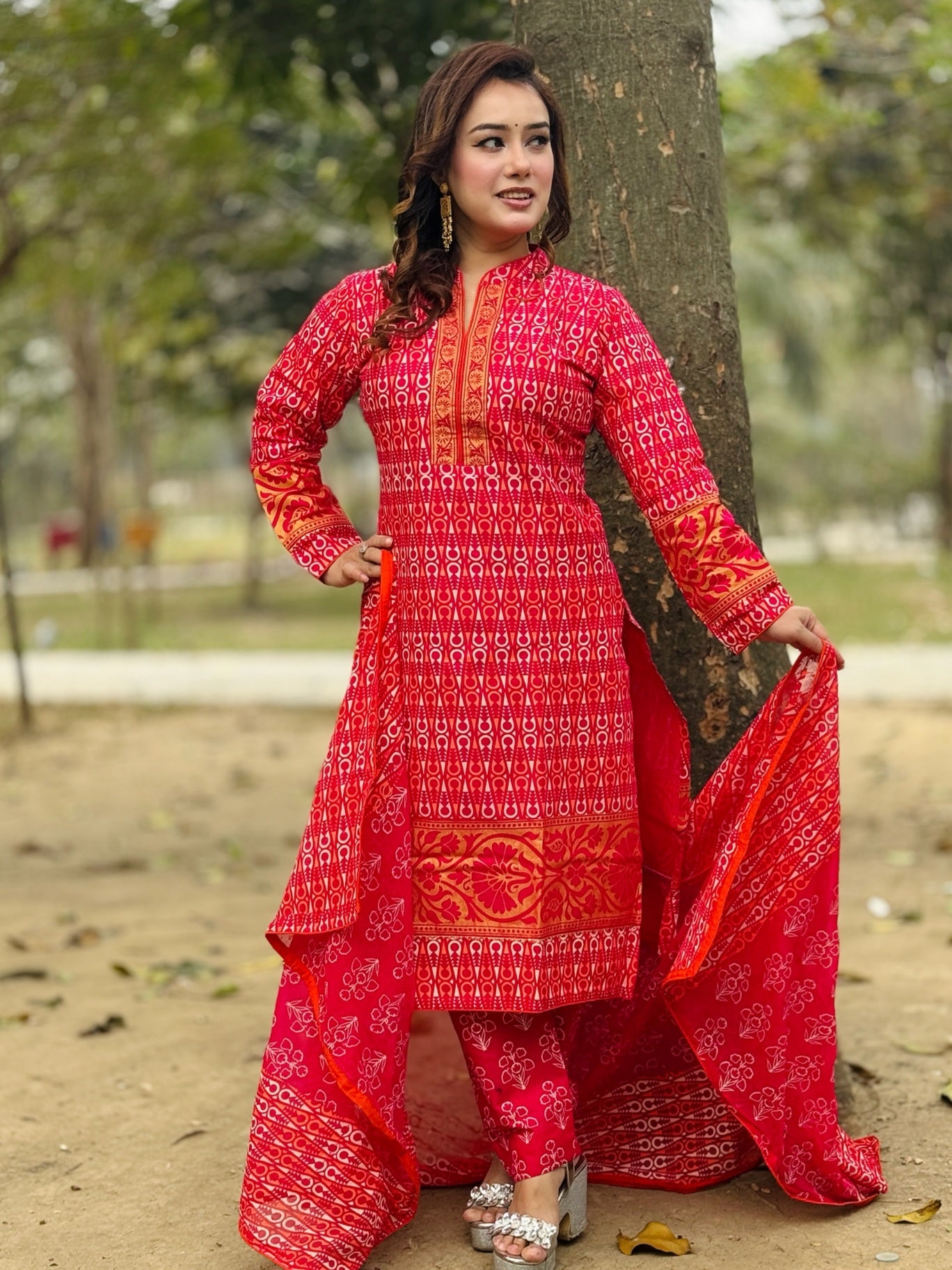 Red Cotton Three Piece - SaimaFashion