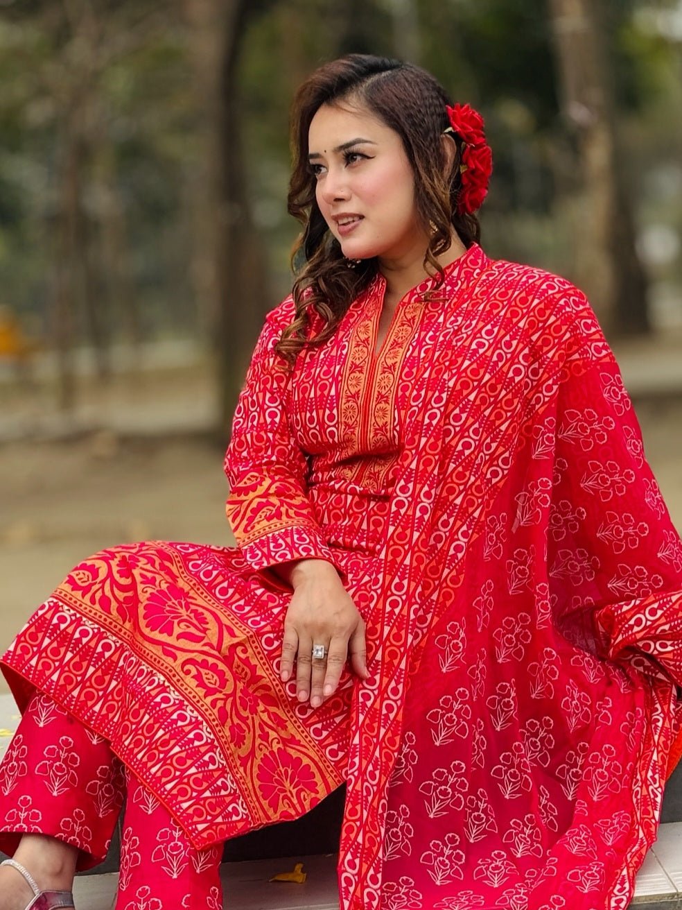 Red Cotton Three Piece - SaimaFashion