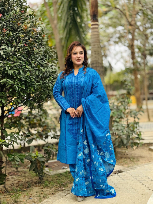 Blue Cotton Fabric Shalwar Kameez Set - SaimaFashion