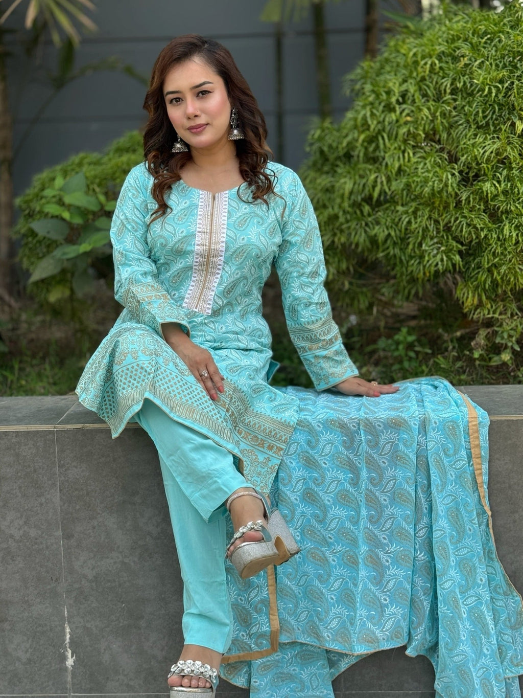 Light Blue Screen Printed Three Pieces - SaimaFashion