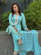 Light Blue Screen Printed Three Pieces - SaimaFashion