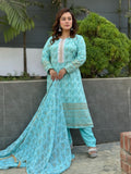 Light Blue Screen Printed Three Pieces - SaimaFashion