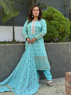 Light Blue Screen Printed Three Pieces - SaimaFashion