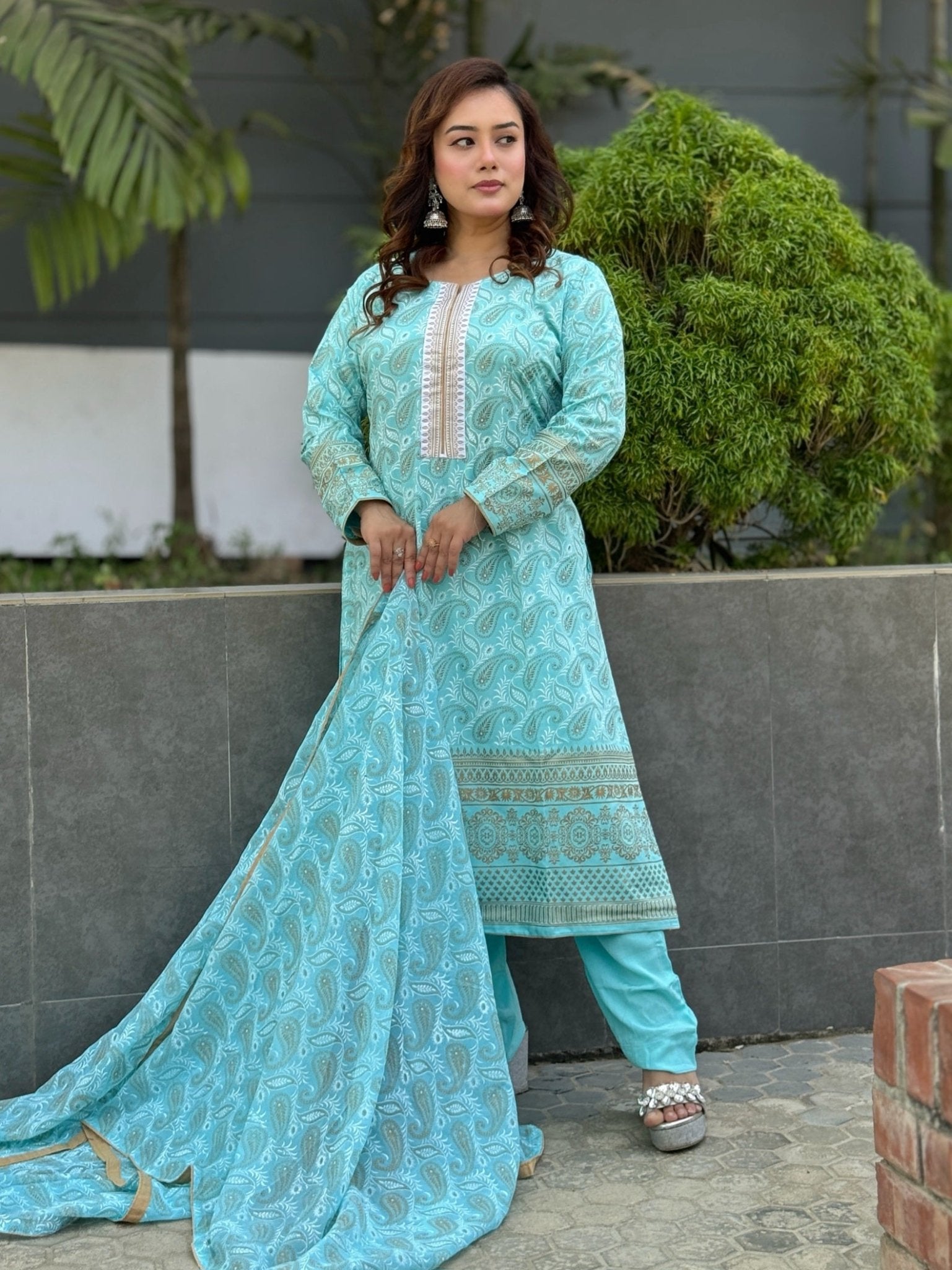 Light Blue Screen Printed Three Pieces - SaimaFashion