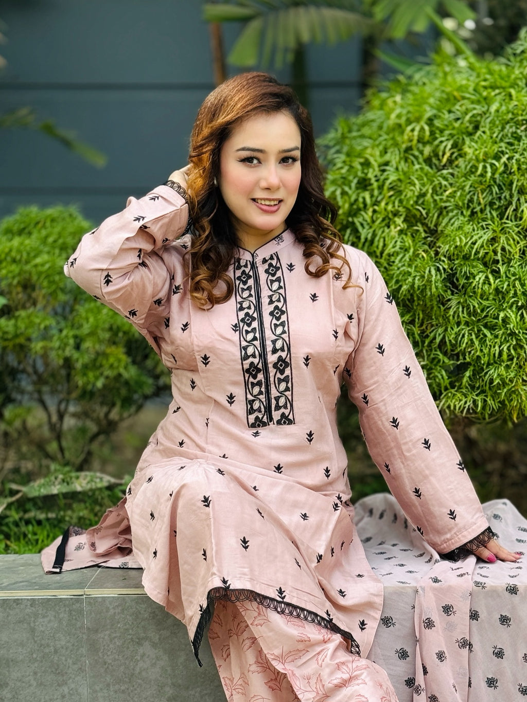 Brown Black Stitched Embroidered Shalwar Kameez Set - SaimaFashion