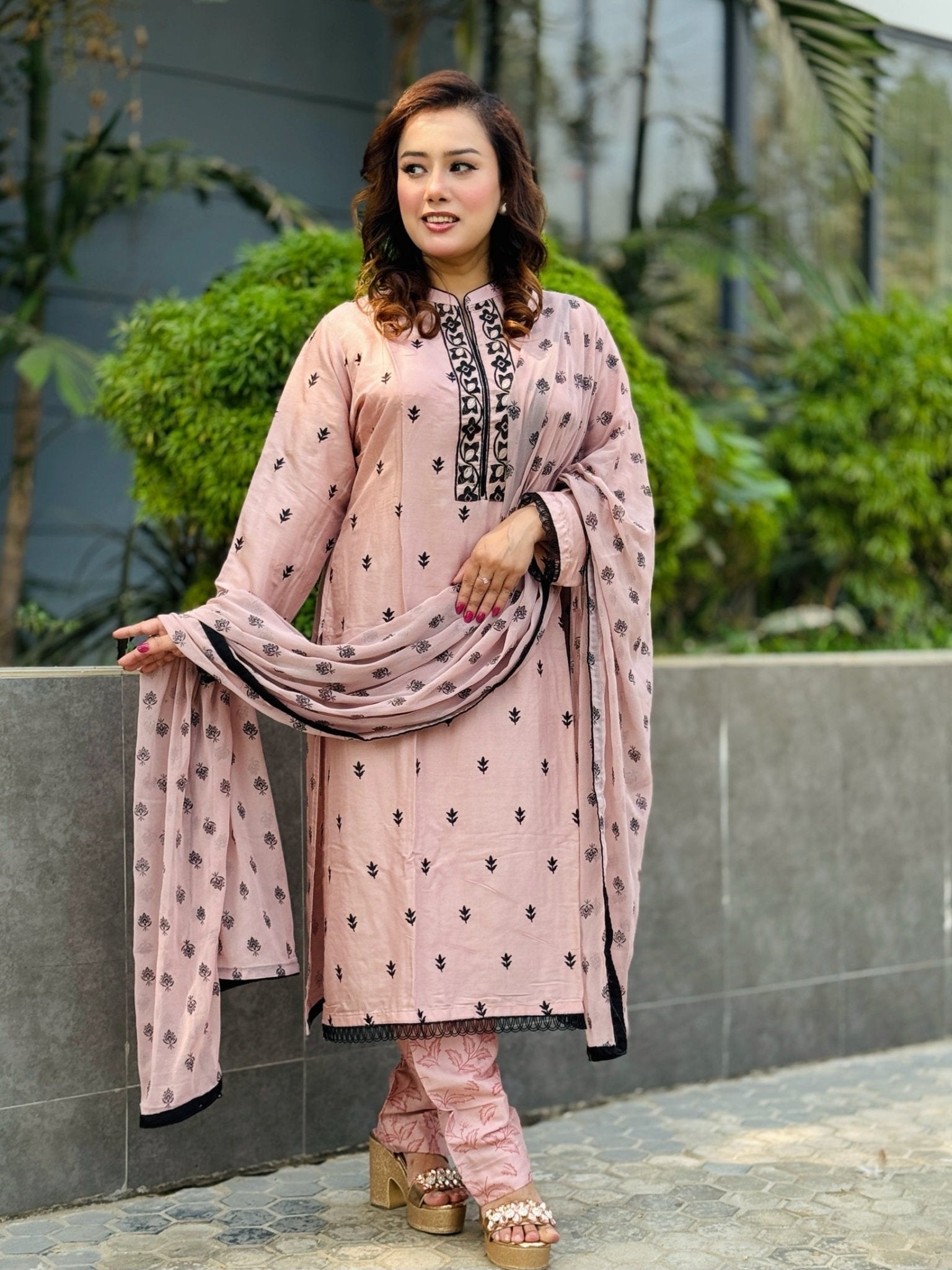 Brown Black Stitched Embroidered Shalwar Kameez Set - SaimaFashion