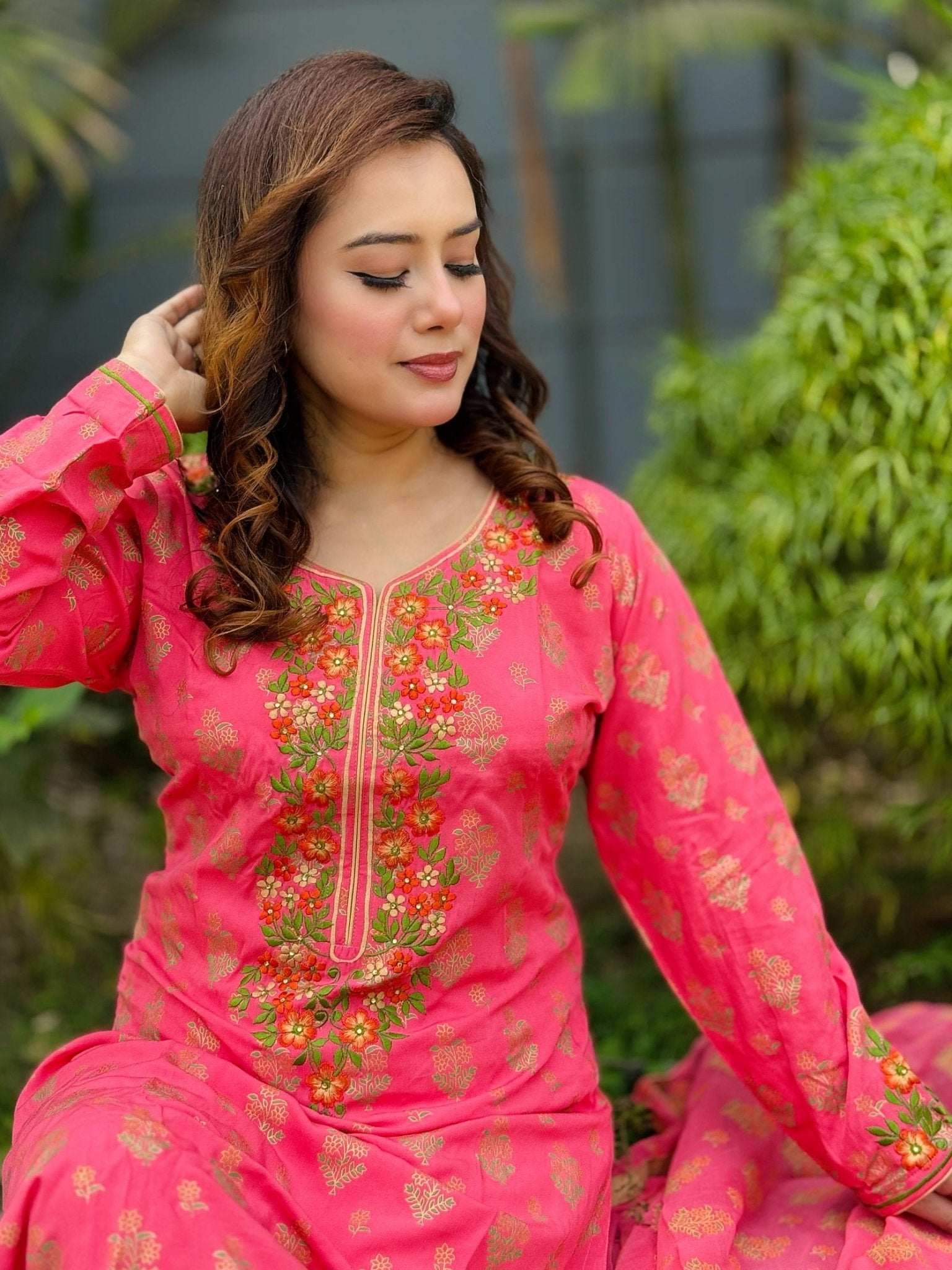 Tomato Red Neckline embroidered Shalwar Kameez - SaimaFashion
