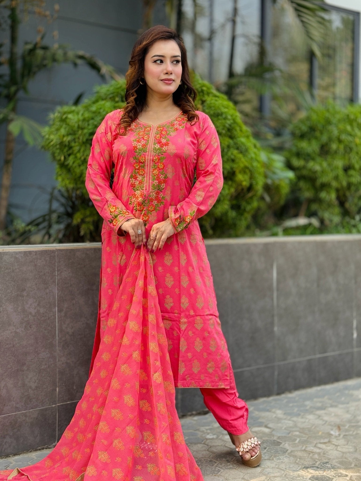 Tomato Red Neckline embroidered Shalwar Kameez - SaimaFashion