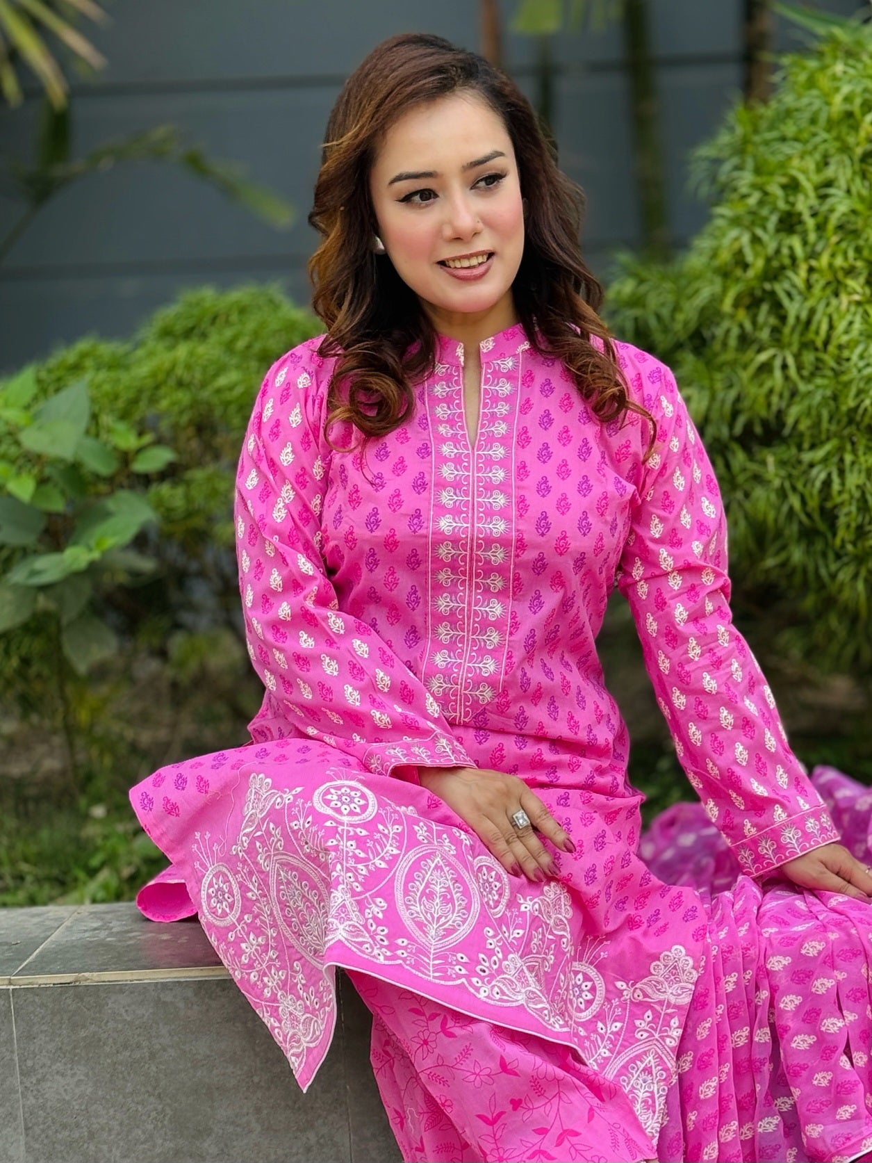 Pink Colour Screen Printed With White Stitched Embroidered Shalwar Kameez Set