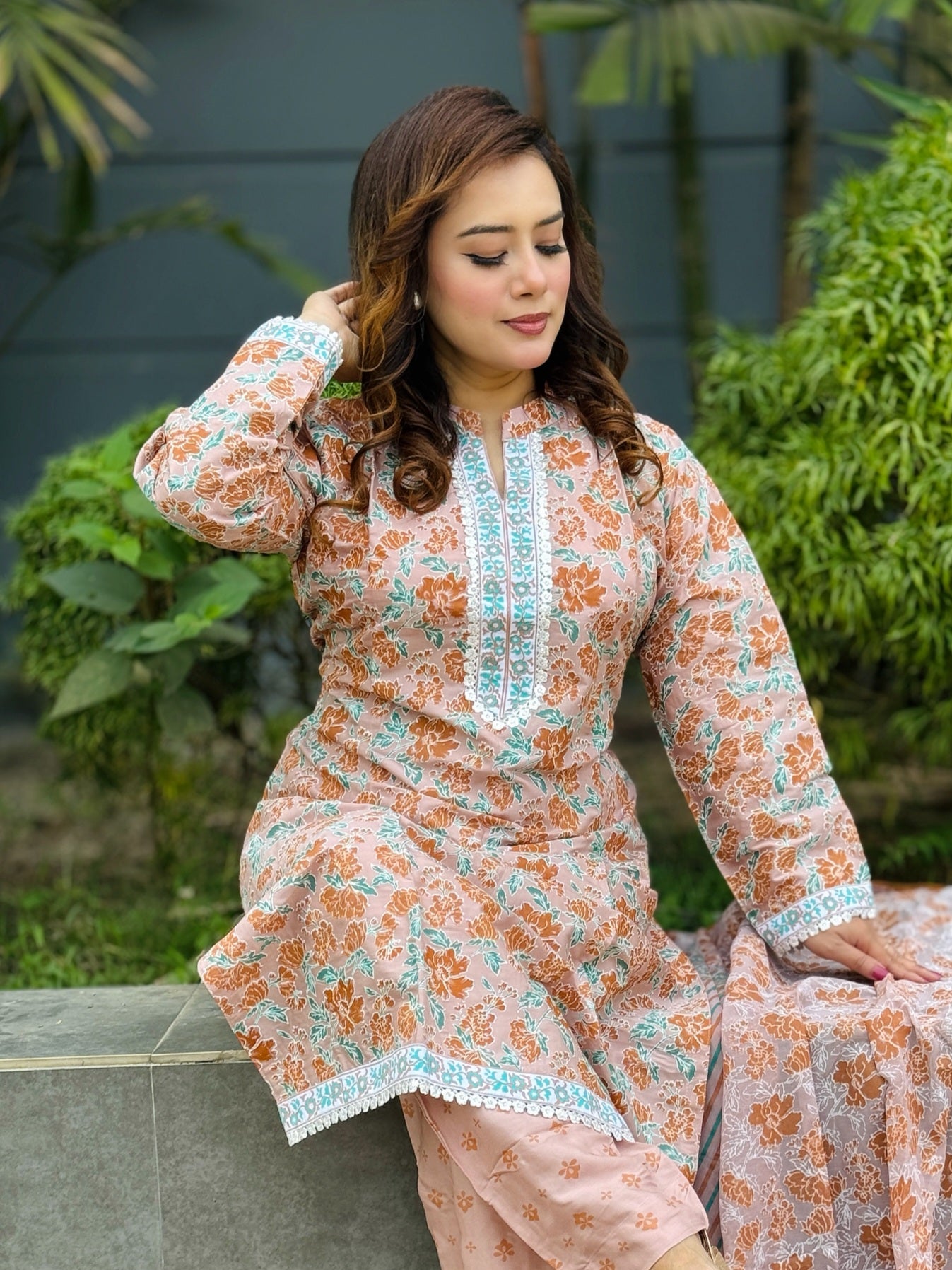 Light Brown Screen Printed With Lace Work Shalwar Kameez