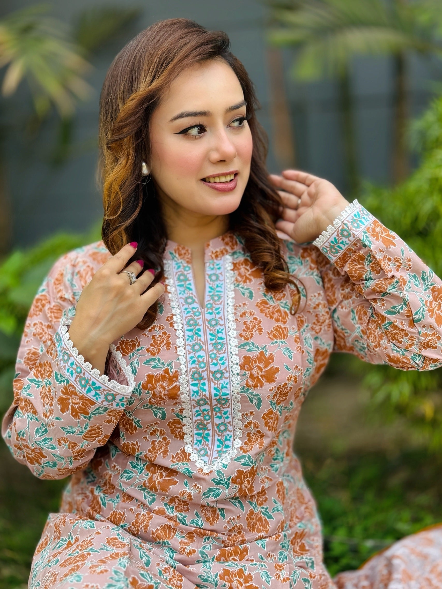 Light Brown Screen Printed With Lace Work Shalwar Kameez