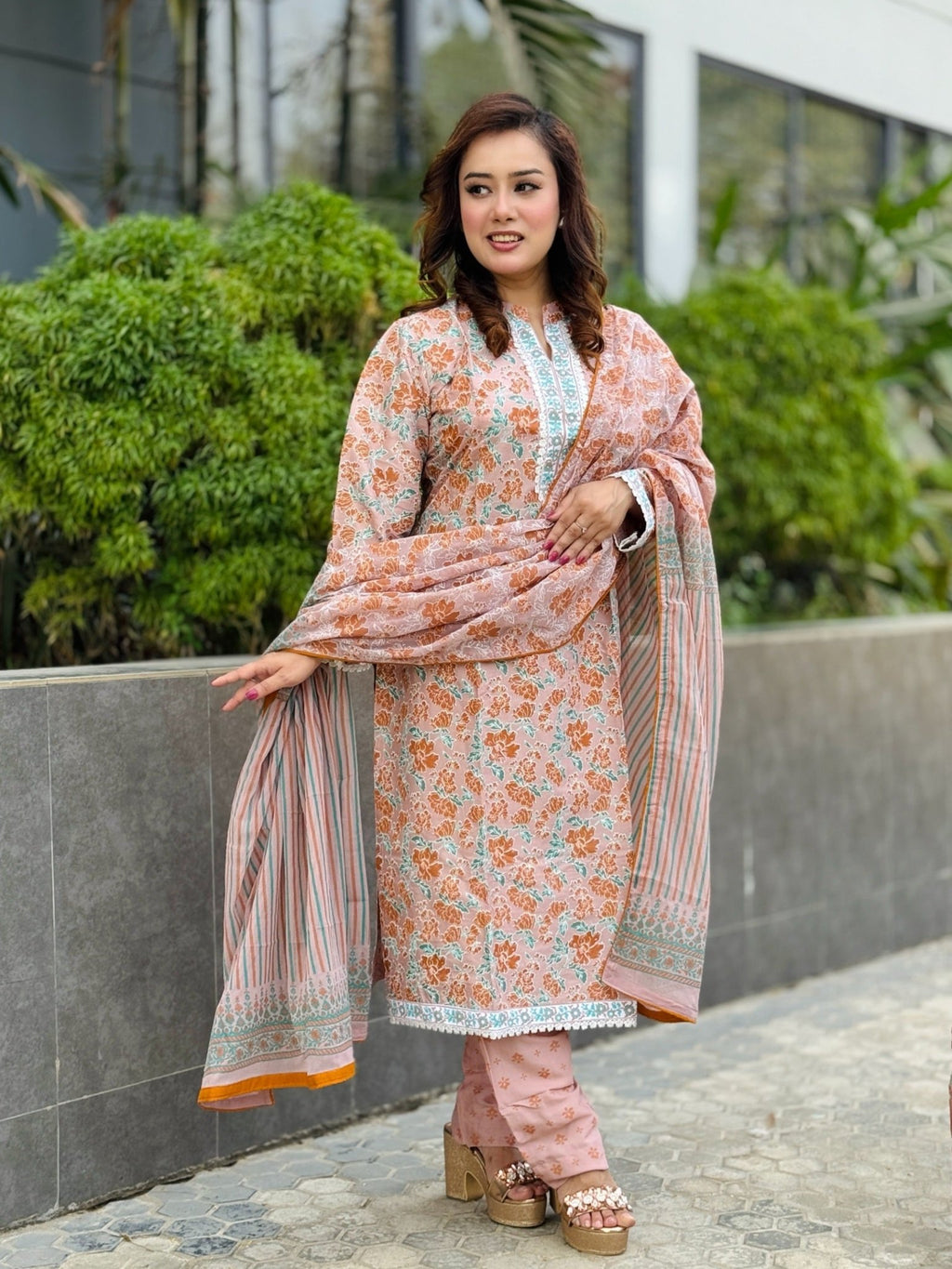 Light Brown Screen Printed With Lace Work Shalwar Kameez - SaimaFashion