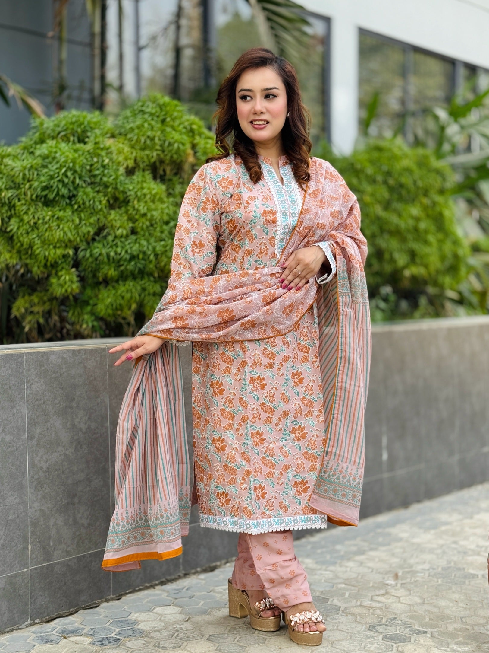 Light Brown Screen Printed With Lace Work Shalwar Kameez