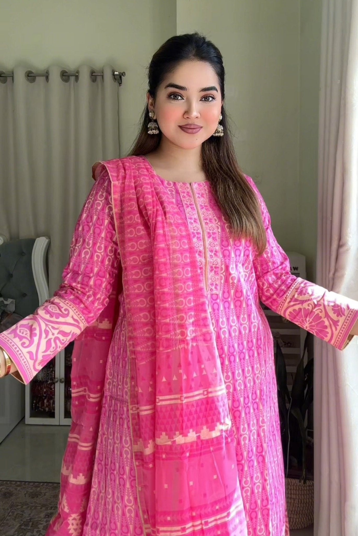 Baby Pink Cotton Screen Printed Shalwar Kameez Set - SaimaFashion