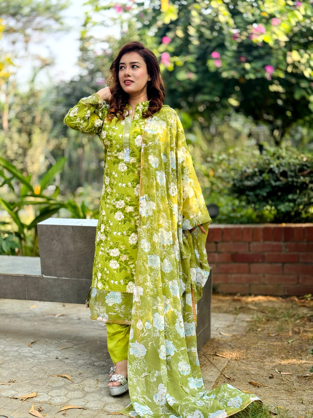 Premium Olive Green Floral Salwar Kameez with Flowy Dupatta