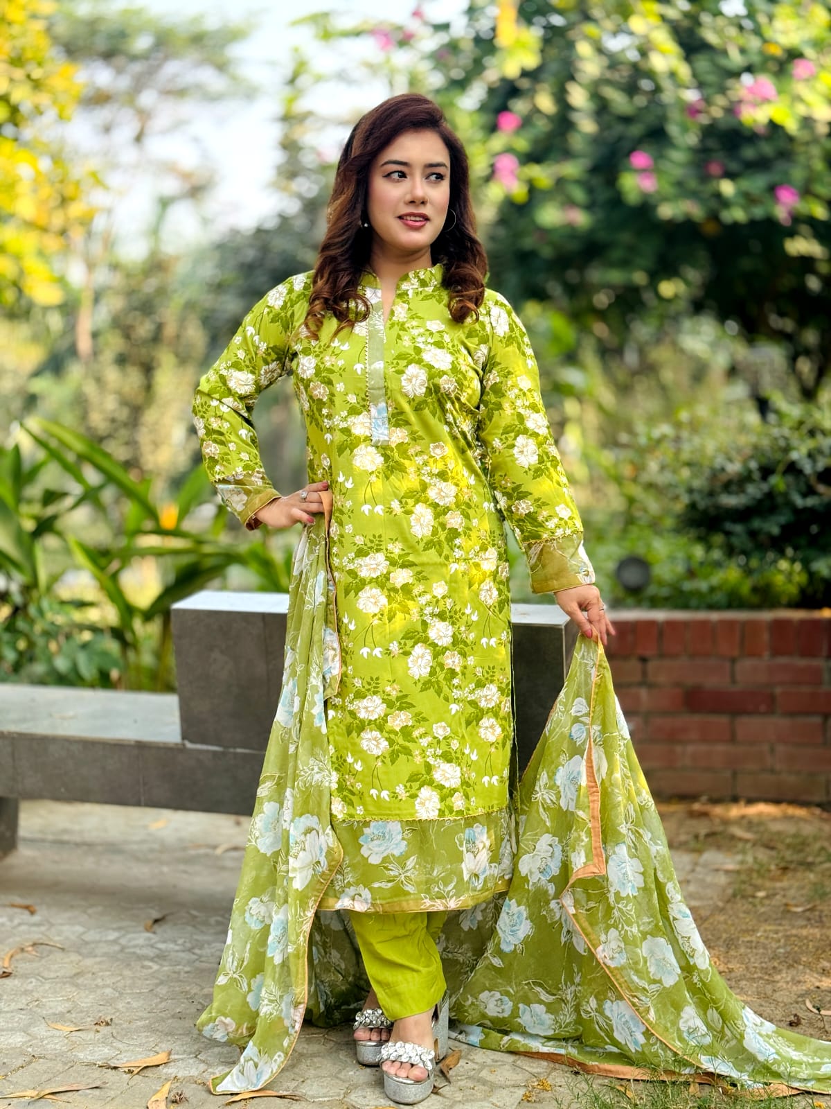 Premium Olive Green Floral Salwar Kameez with Flowy Dupatta