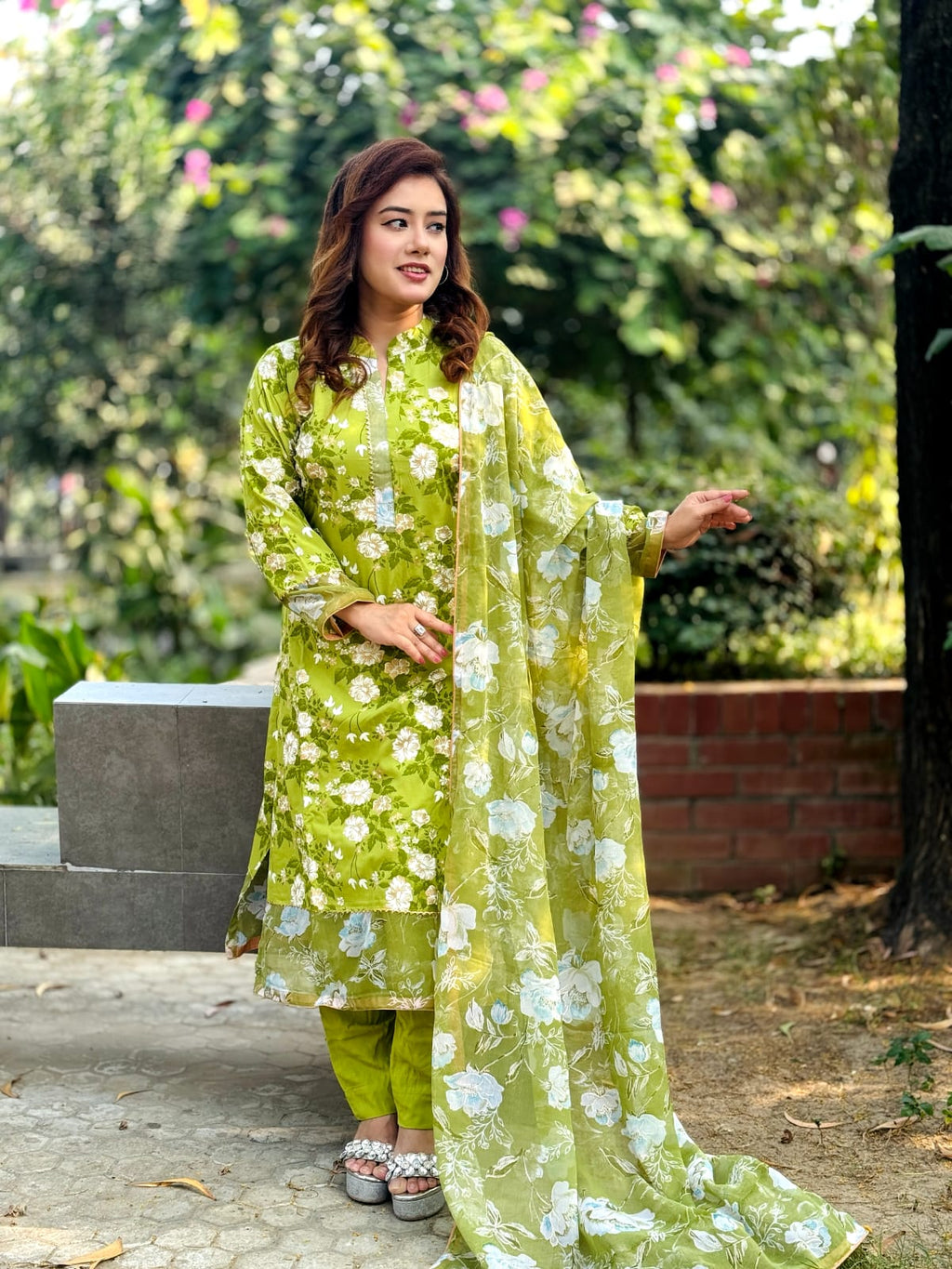 Premium Olive Green Floral Salwar Kameez with Flowy Dupatta
