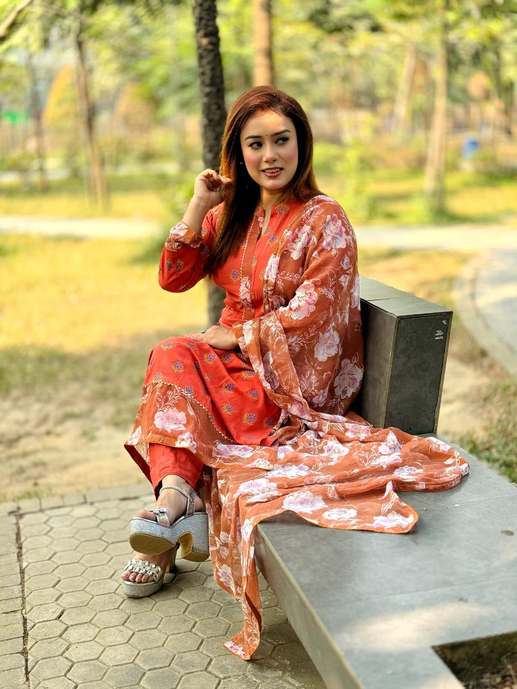 Elegant Rust Orange Floral Printed Salwar Kameez Set with Dupatta