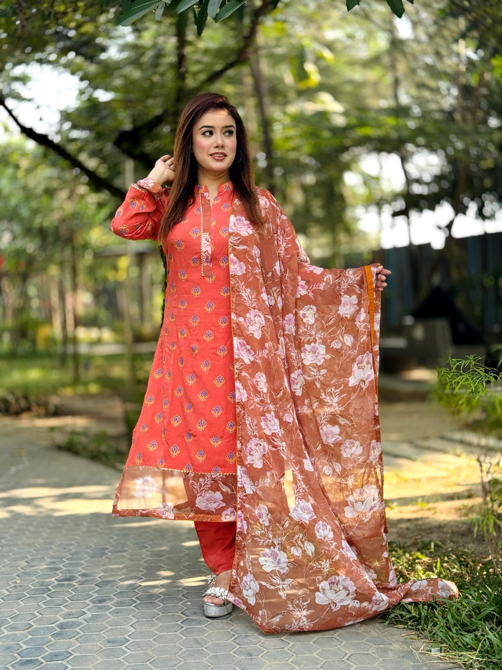 Elegant Rust Orange Floral Printed Salwar Kameez Set with Dupatta