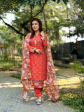 Elegant Rust Orange Floral Printed Salwar Kameez Set with Dupatta