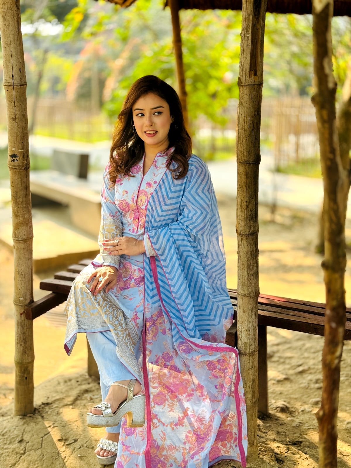 Sky Blue Floral Salwar Kameez with Matching Dupatta