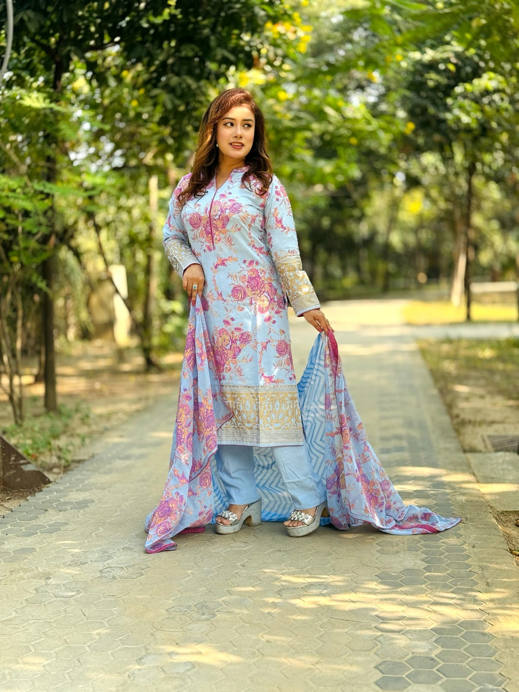 Sky Blue Floral Salwar Kameez with Matching Dupatta