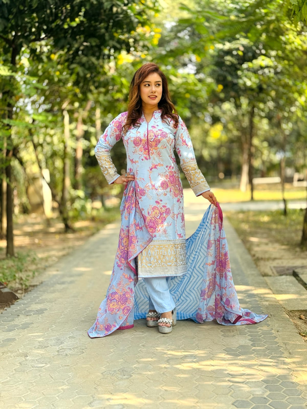 Sky Blue Floral Salwar Kameez with Matching Dupatta