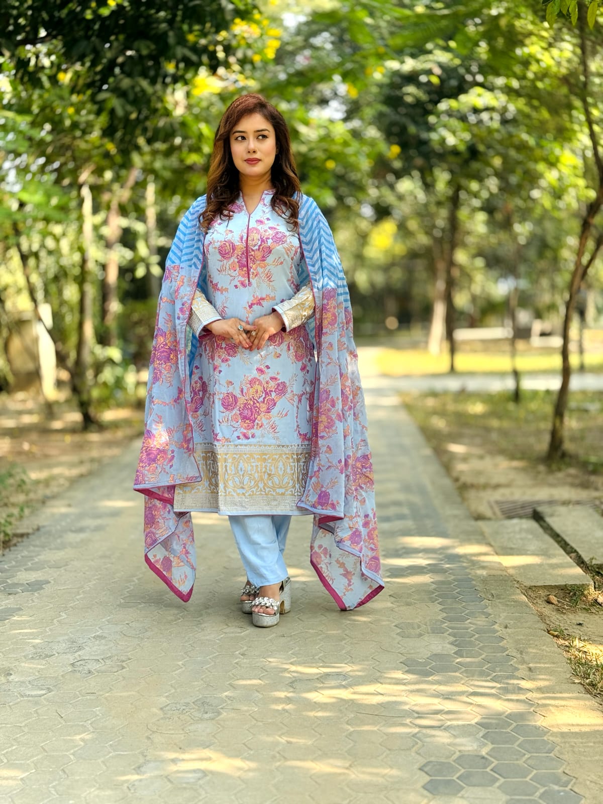 Sky Blue Floral Salwar Kameez with Matching Dupatta