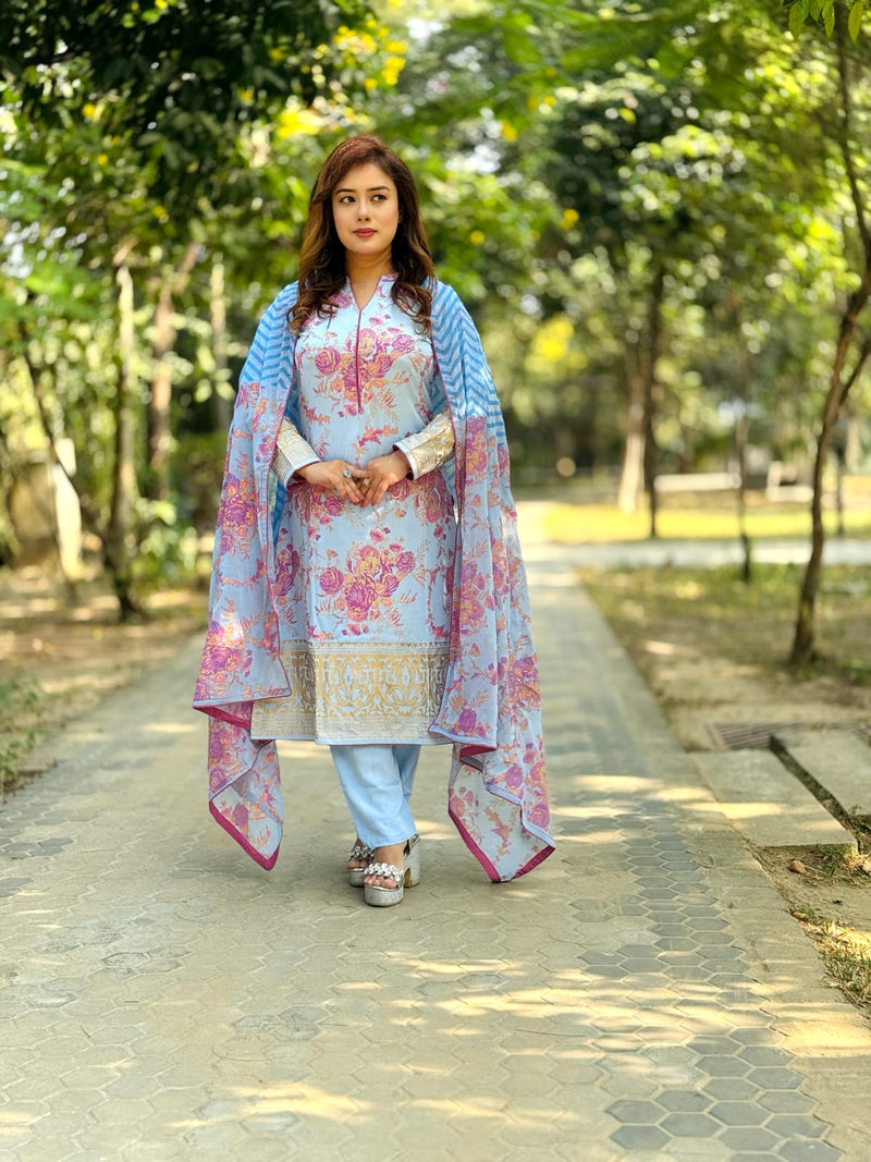 Sky Blue Floral Salwar Kameez with Matching Dupatta