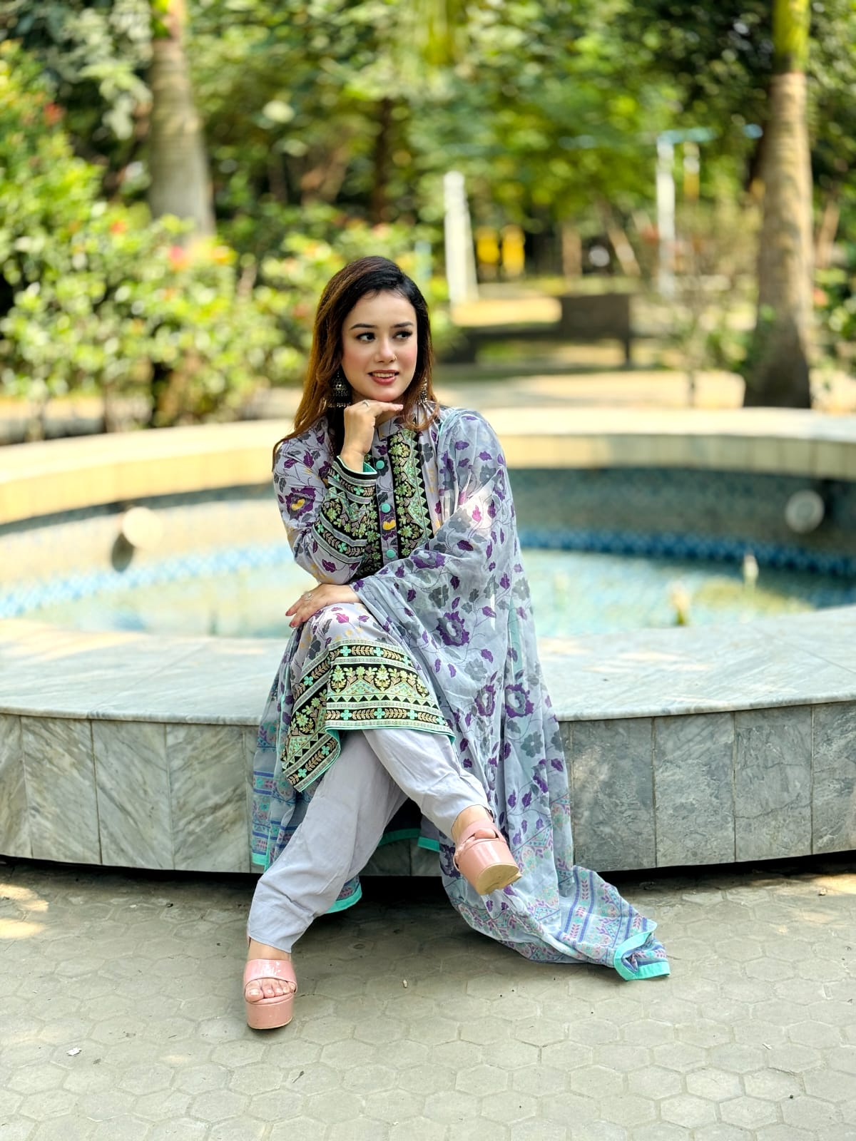 Grey Lavender Floral Salwar Kameez with Contrast Panel & Dupatta