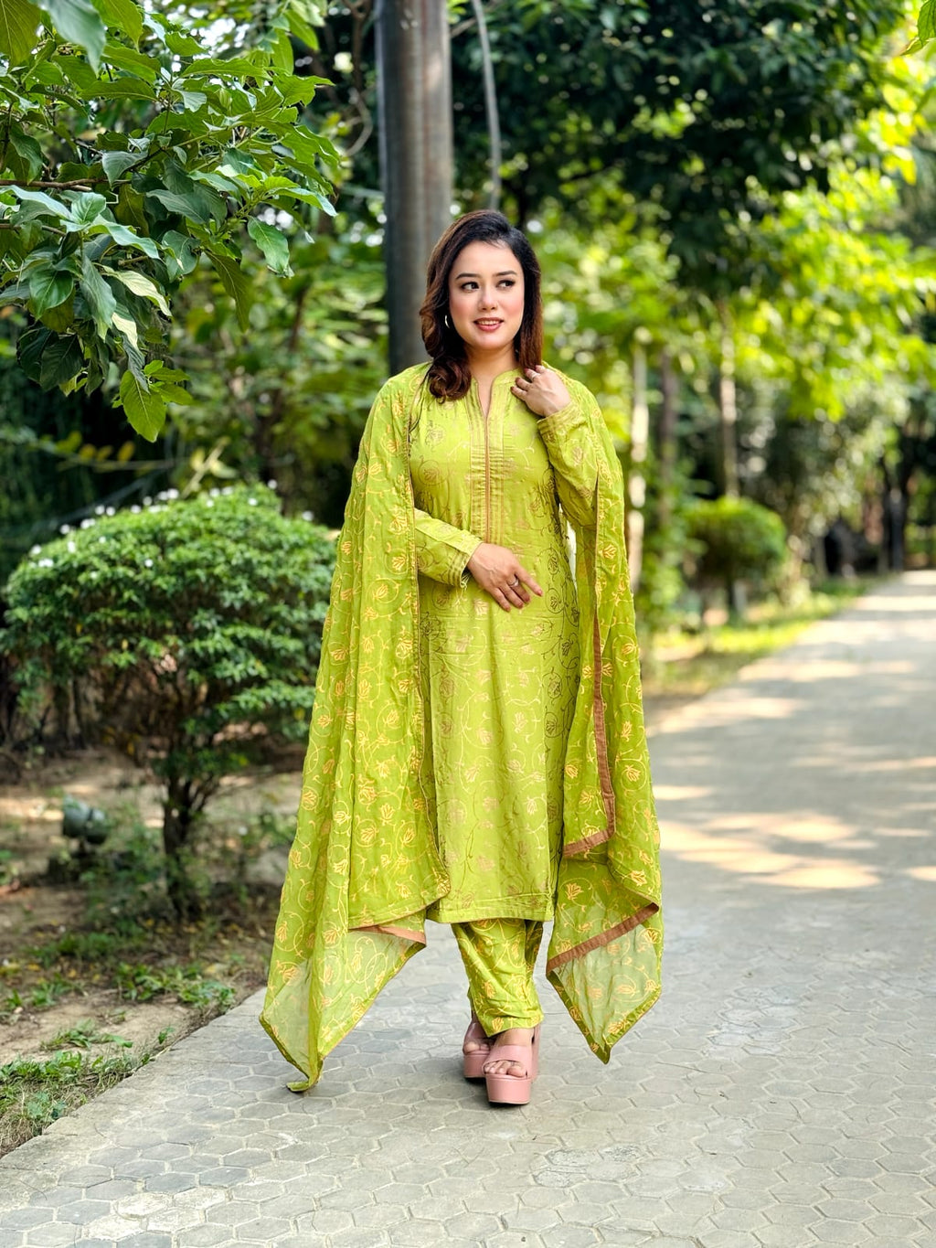 Premium Lime Green Printed Salwar Kameez with Designer Dupatta