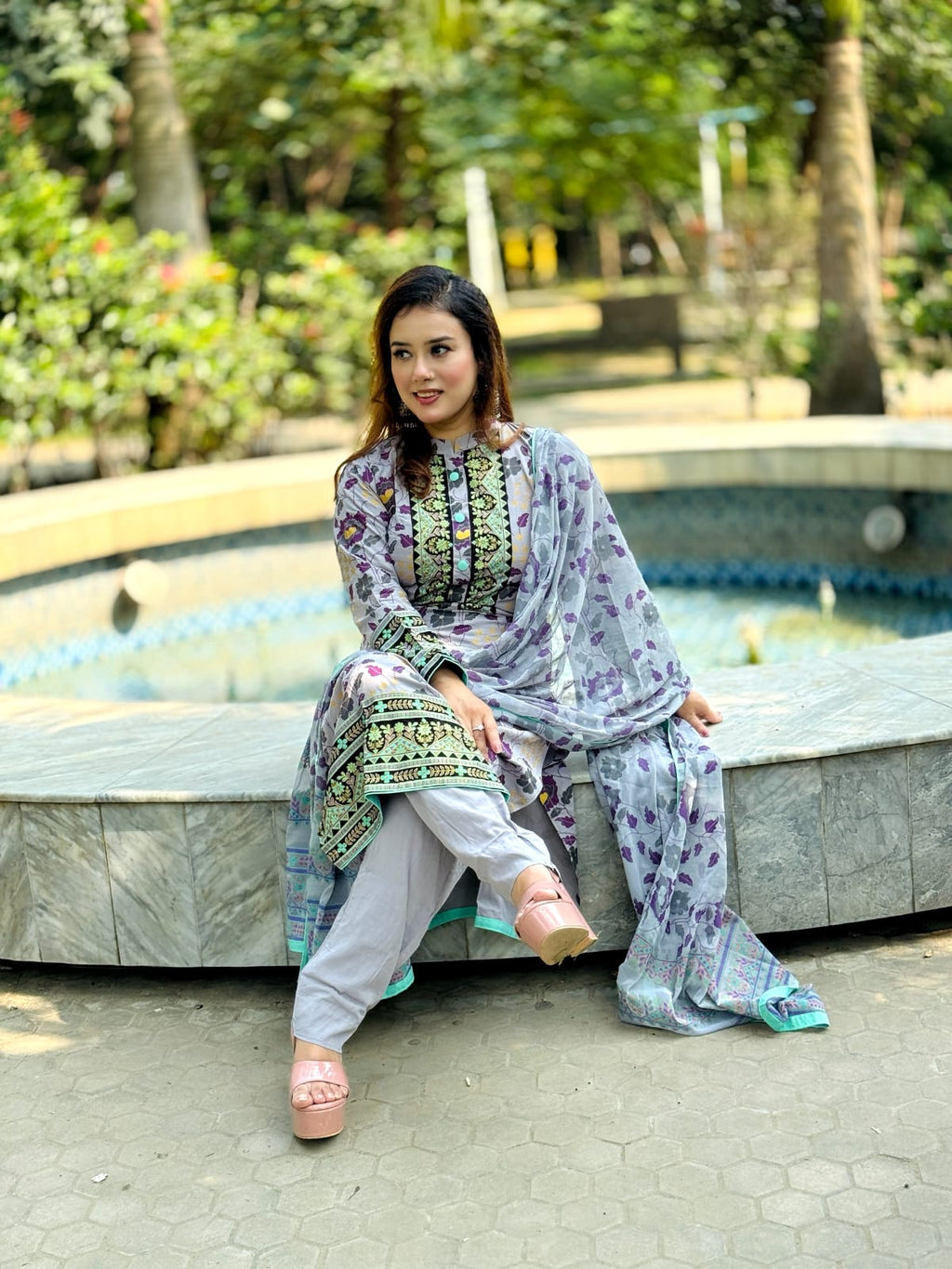 Grey Lavender Floral Salwar Kameez with Contrast Panel & Dupatta