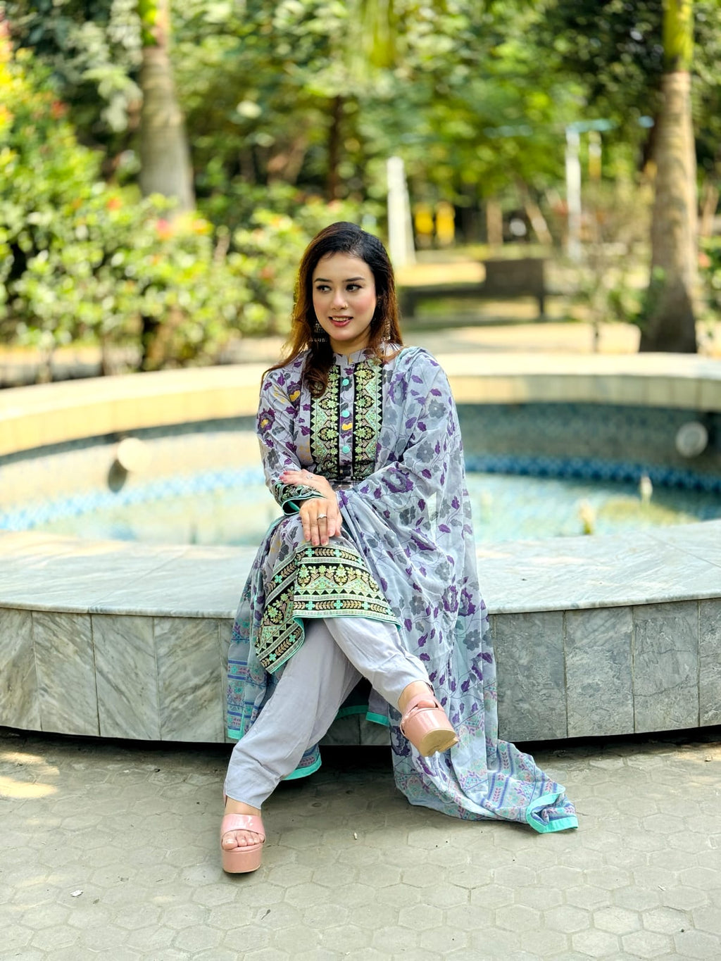 Grey Lavender Floral Salwar Kameez with Contrast Panel & Dupatta